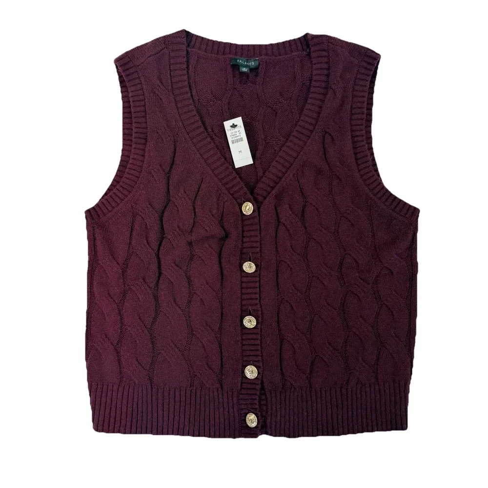 NWT TALBOTS CABLE KNIT V-NECK SWEATER VEST Rich Burgundy Gold Buttons Size M New - Picture 2 of 11